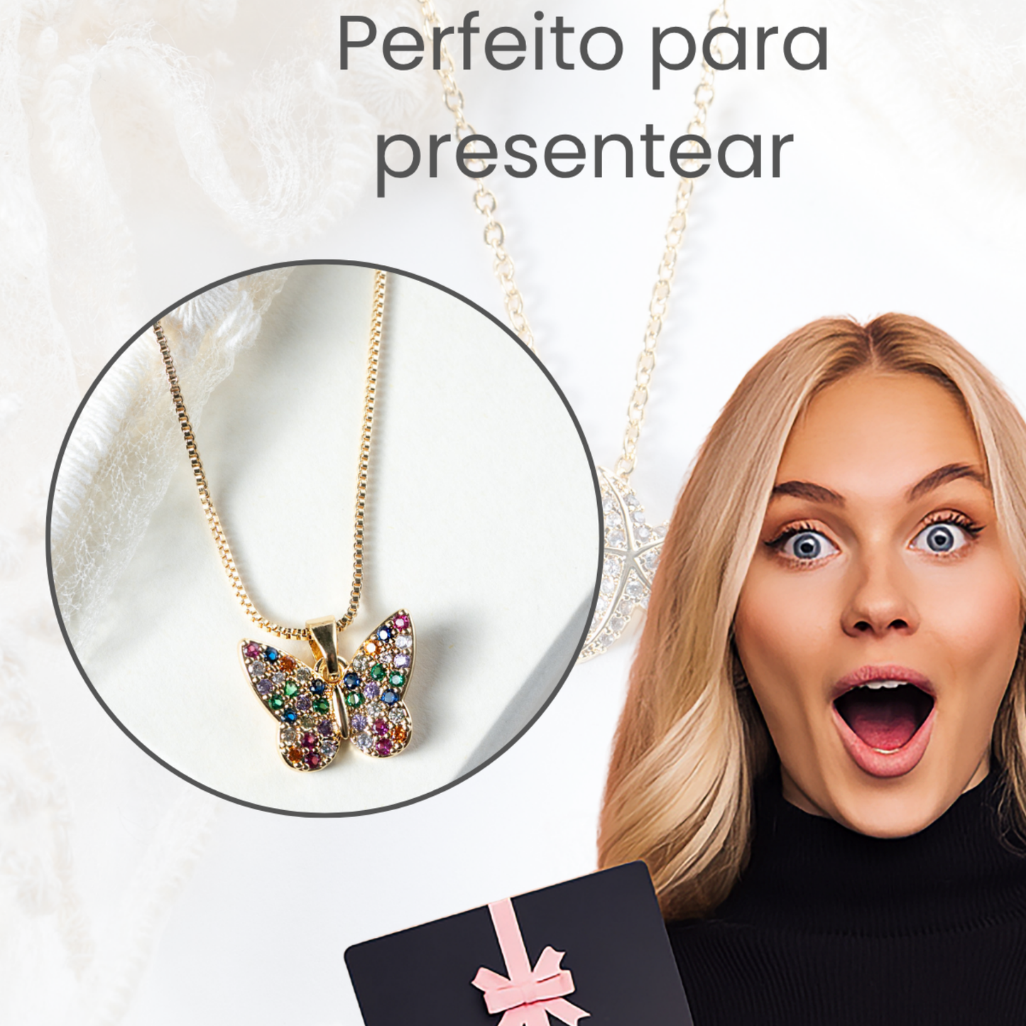 Colar Borboleta Zircônias Coloridas