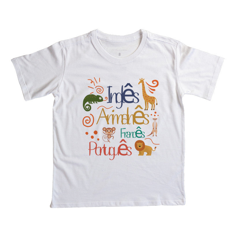 Camiseta Línguas Inglês, "Animalnês", Francês e Português