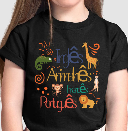 Camiseta Línguas Inglês, "Animalnês", Francês e Português