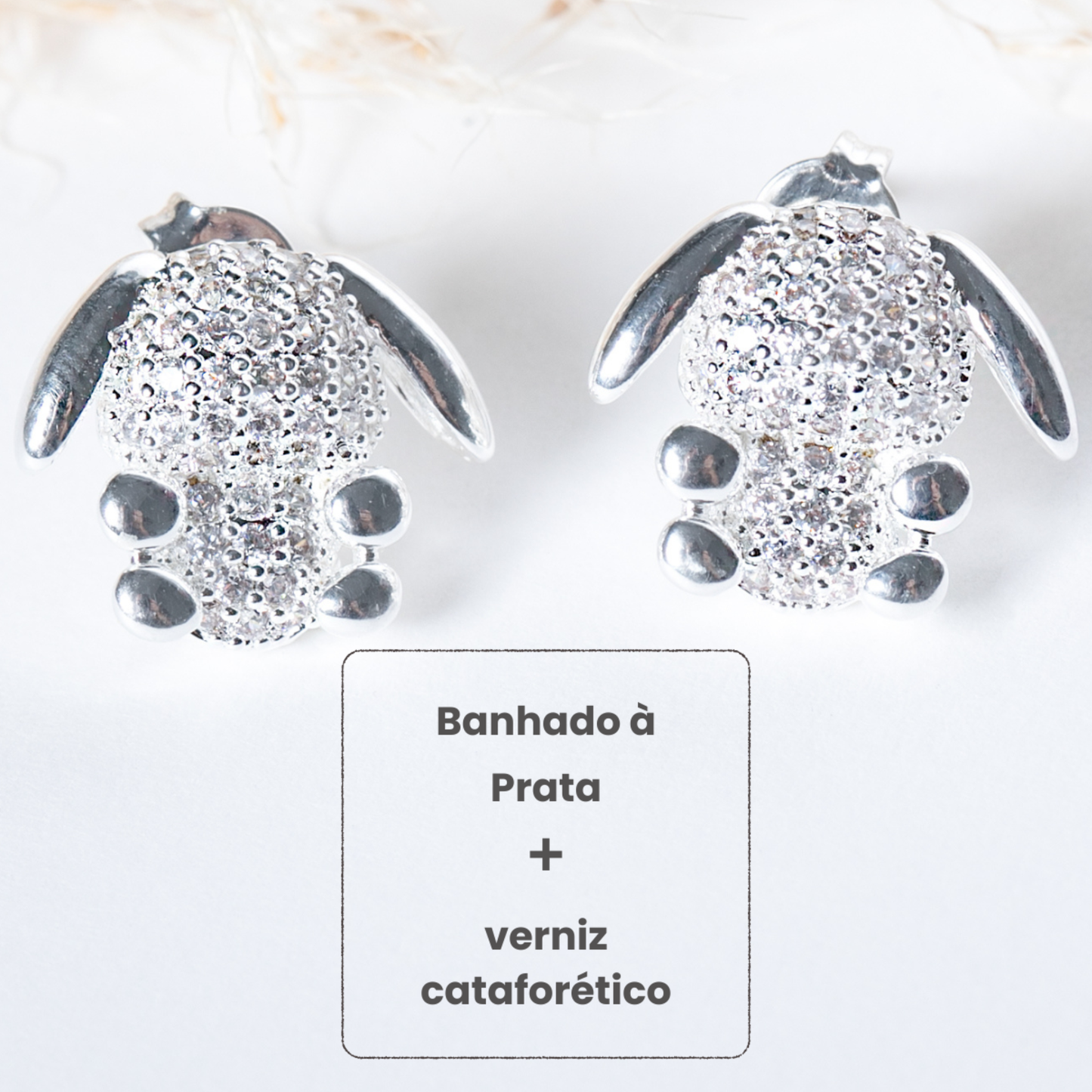 Brincos Coelho Zircônias Brancas Prata