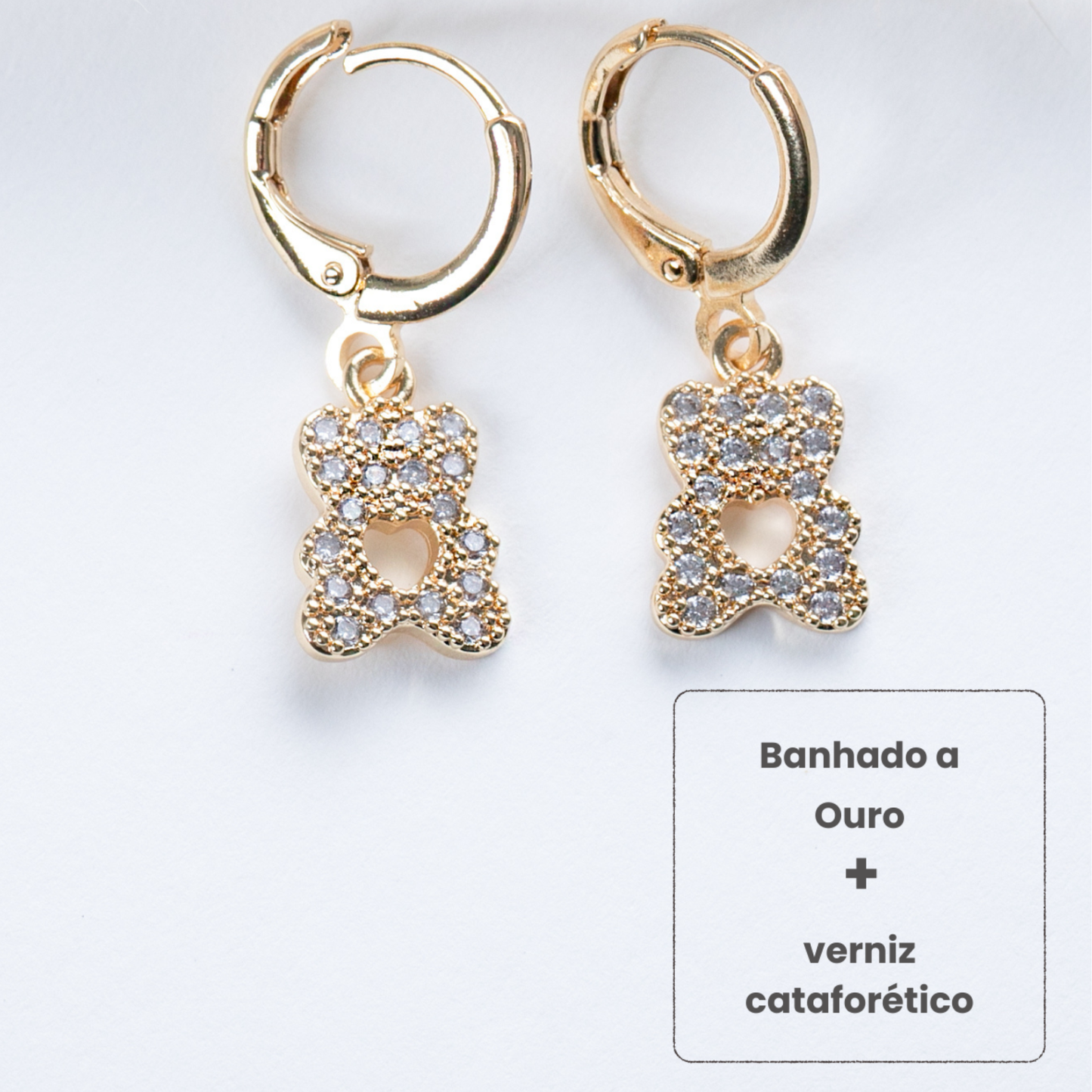 Brincos Argola Ursinho Coração Vazado Ouro