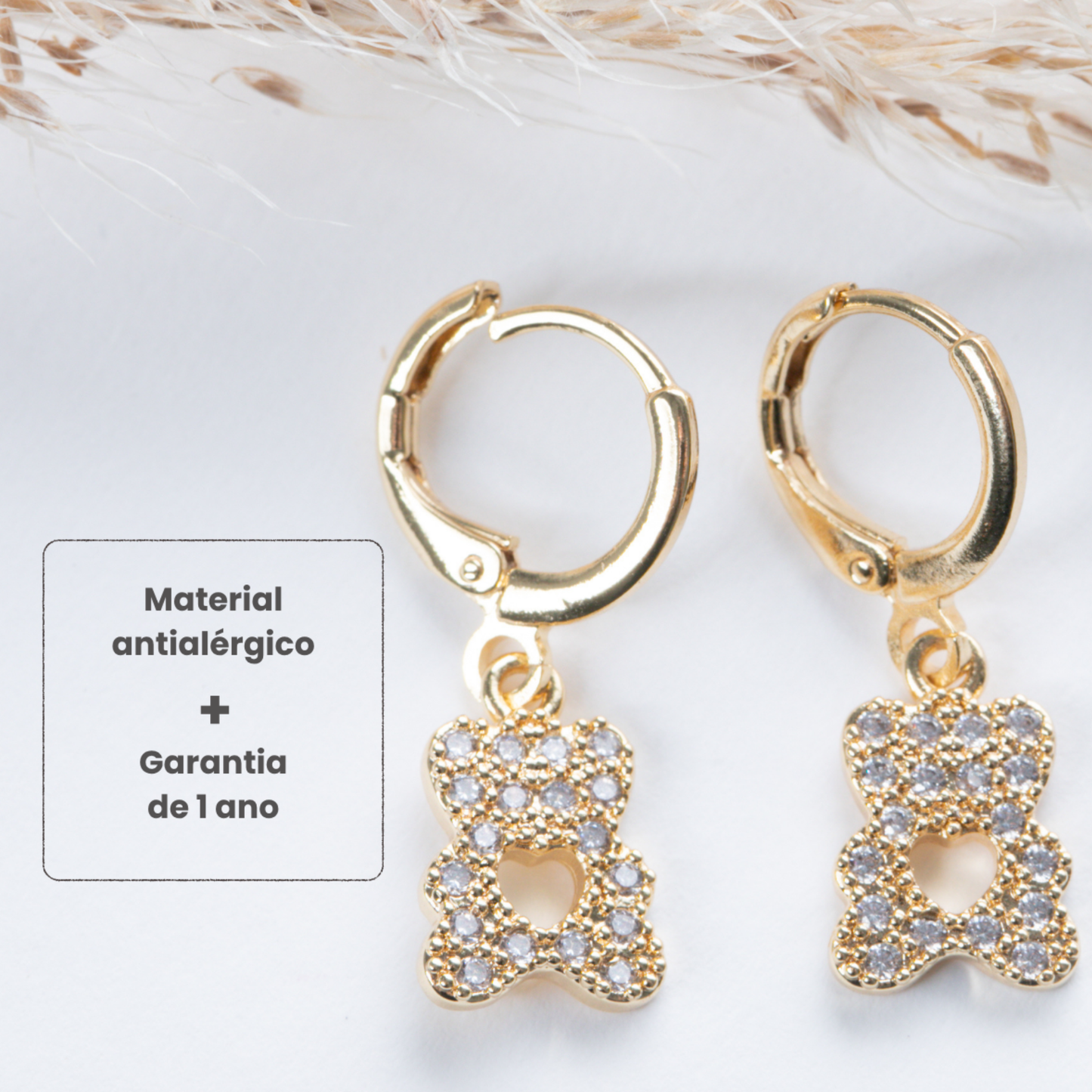 Brincos Argola Ursinho Coração Vazado Ouro