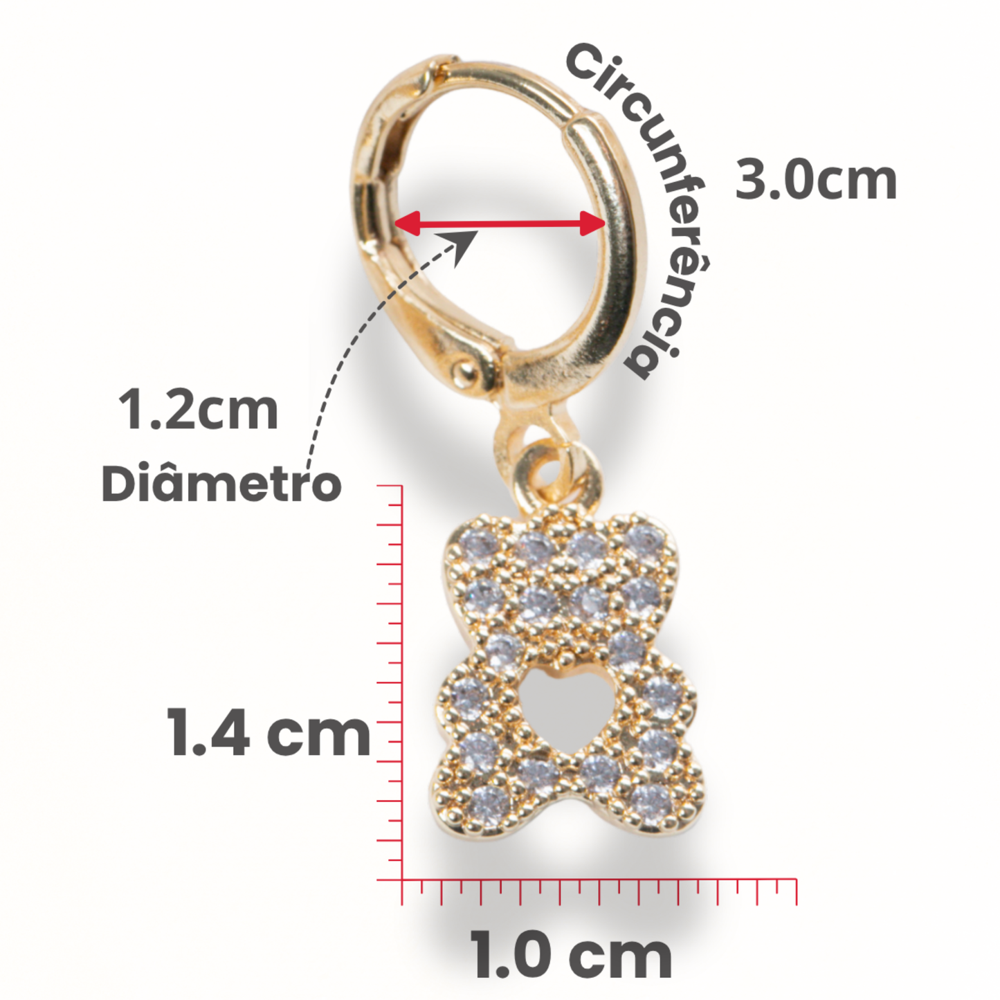 Brincos Argola Ursinho Coração Vazado Ouro