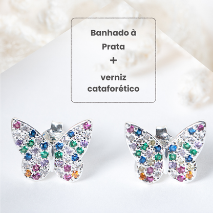 Brincos Borboleta Microzircônias Coloridas Prata