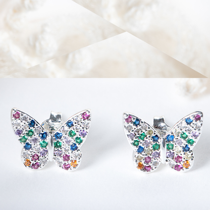 Brincos Borboleta Microzircônias Coloridas Prata