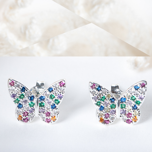 Brincos Borboleta Microzircônias Coloridas Prata