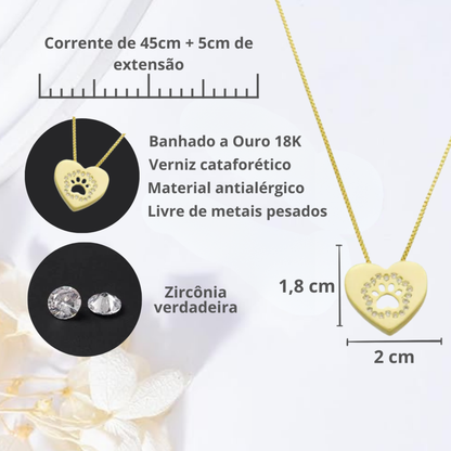 Colar de Coração com Pata Cravejada em Zircônias